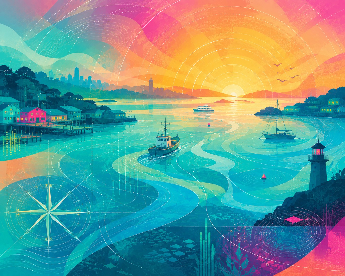 Colorful illustrated waterfront with boats and a rising sun